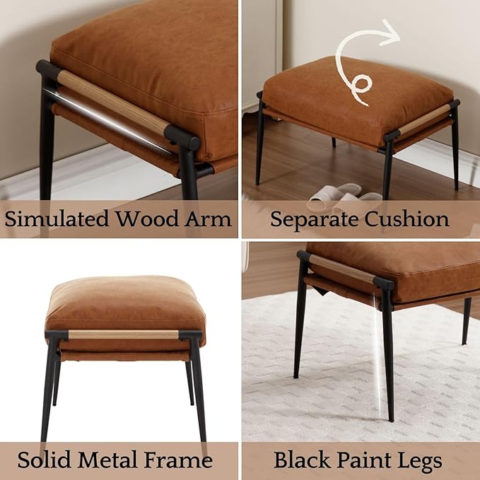 LukeAlon Upholstered PU Leather Footstool, Modern Ottoman Footrest Small Shoe Stool with Black Metal Legs Mid Century Vanity Stool with Armrests for Living Room Entrance Cushion Removable, Brown
