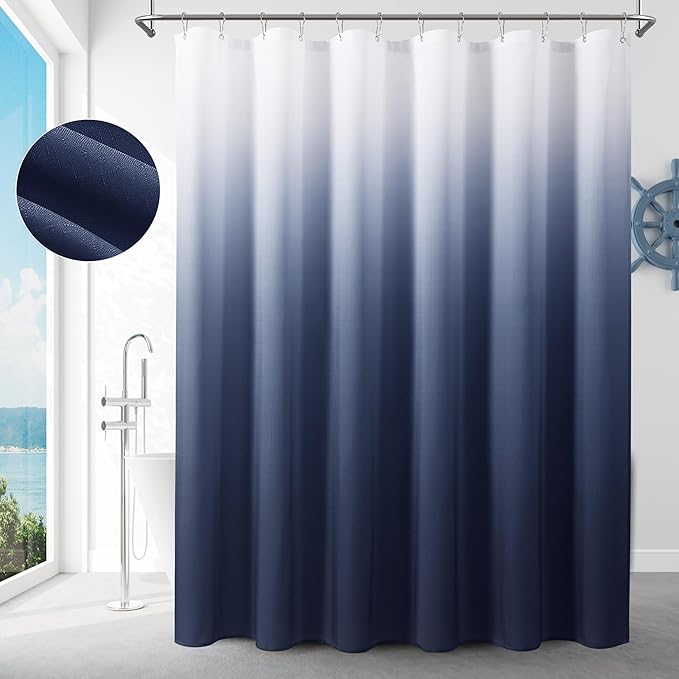 s Blue Shower Curtain for Bathroom, Ombre Navy Blue Textured Linen Fabric Shower Curtain Set, Men Coastal Nautical Accessories Decor Water Repellent Bath Curtains