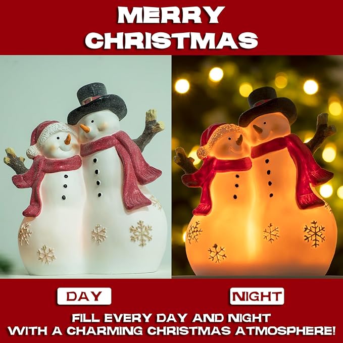 Christmas Decor Snowman Figurines Resin Lighted Indoor Ornaments Holiday Tree Festive Decorations Light Up New Year Gift Decoration for Table (Snowman Couple)
