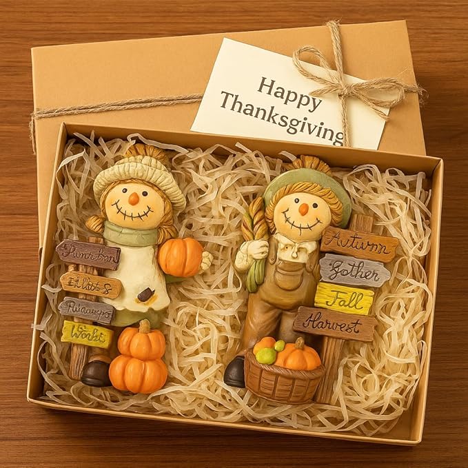 iStatue Thanksgiving Decorations Fall Scarecrow Figurines – 2 Pack 5.5‘’ Resin Harvest with Pumpkins & Signs, Autumn Home Décor Accents for Table, Shelf, Fireplace and Entryway (Beige)