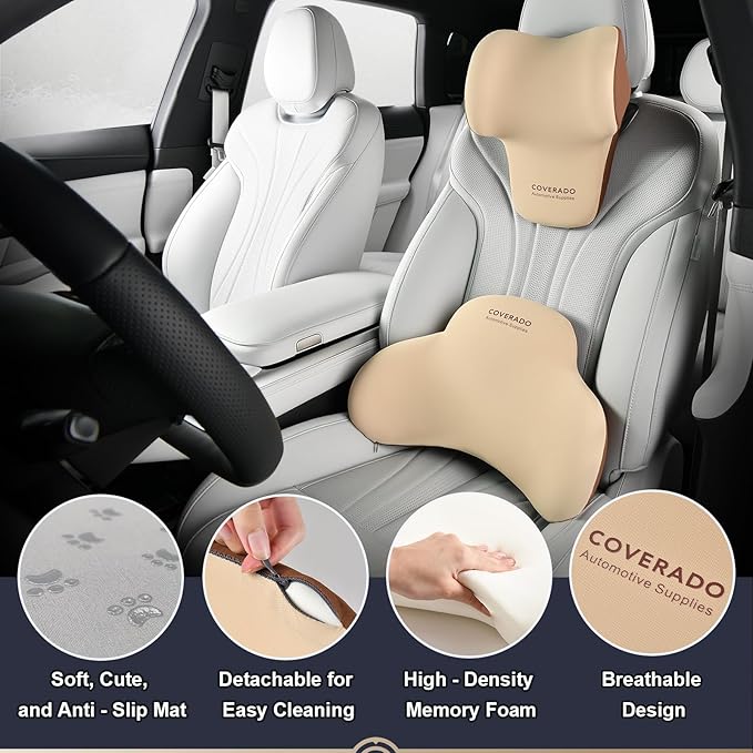 Coverado Lumbar Support and Headrest Pillow for Car, Memory Foam Ergonomic Head Neck Support Pillow for Driving Seat, Back Support and Pain Relief, Seat Cushion for Car, Driver, Office