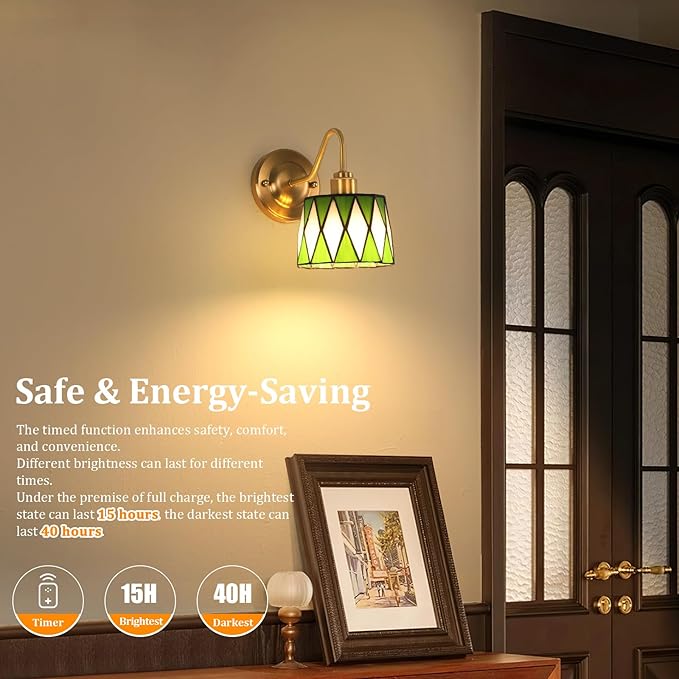 Vintage Battery Operated Wall Sconce Set of 2 with Remote, Rechargeable Wall Lamp 3 Colors Dimmable, Gold Lights Fixture for Bedroom Bathroom Living Room Hallway Green Checker