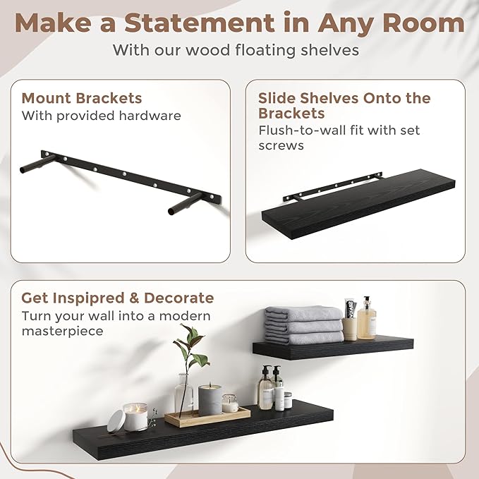 Floating Shelves for Wall with Invisible Brackets, Wall Mounted Engineered Wood Shelves with Wood Grain for Living Room, Bedroom, Bathroom, Kitchen Decor and Storage, Oak, 40"L Set of 2, Black