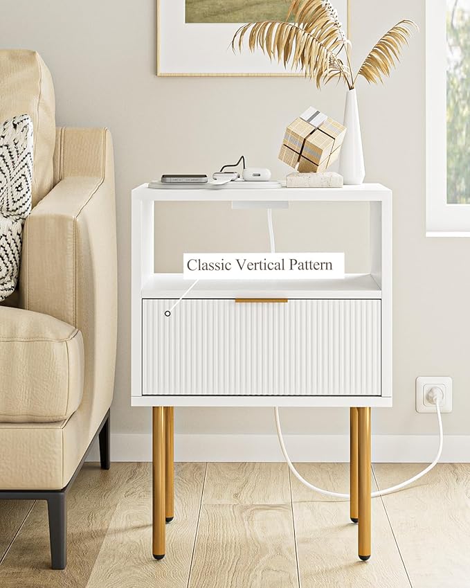 Masupu Nightstand with Charging Station,Mid-Century Modern Bedside Table with Storage Drawer and Open Wood Shelf,Small Gold Frame Side Table for Bedroom,Living Room (White)