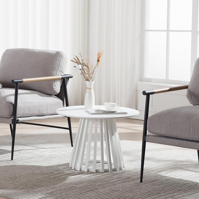 HEAH-YO Round Coffee Table, Circle End Table with Pedestal Base, 24 Inch Modern Side Table for Living Room Home Office, White