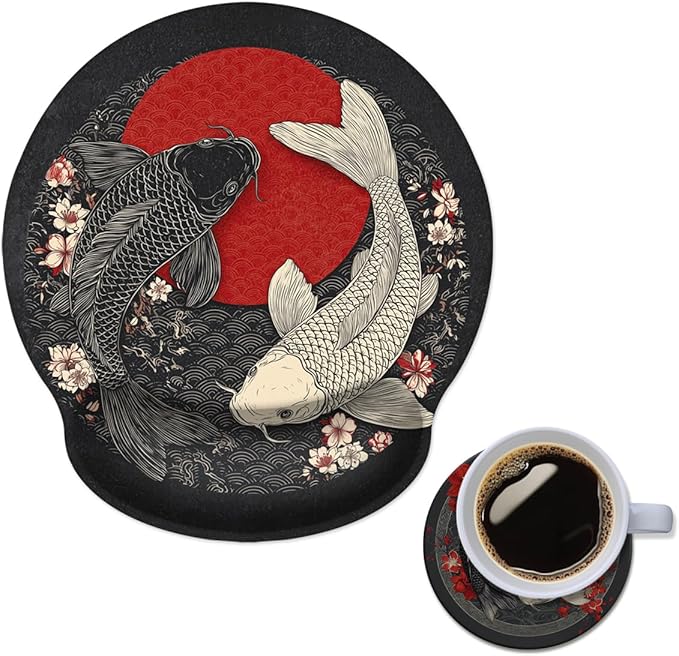 Mouse Pad with Wrist Support, Ergonomic Mouse Pad with Memory Foam Wrist Rest Cushion, Non-Slip Rubber Base Gaming Mice Pad for Home Office Computer Laptop,Koi Fish