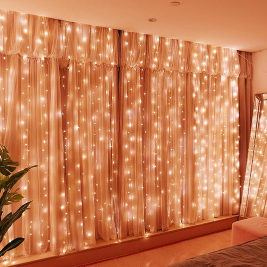 HXWEIYE 300LED Fairy Curtain Lights, 9.8x9.8Ft Orange USB Plug in 8 Modes Timer Christmas String Hanging Lights with Remote for Bedroom Backdrop Wedding Party Home Wall Garden Outdoor Indoor Decor