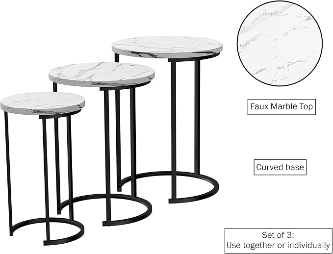 Lavish Home Nesting Tables - Set of 3 Round Side Tables for Living Room, Bedroom, or Home Office - Faux Marble End Table Set - Modern Living Room Furniture (White)