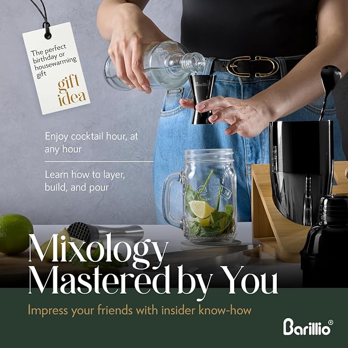 Barillio Black Bartender Kit - Stainless-Steel Cocktail Shaker Set w/Bamboo Stand - Mixology Bar Tools w/Shaker, Drink Mixer Spoon & Muddler for Cocktails - Home Bar Accessories - 10-Pc Bar Set