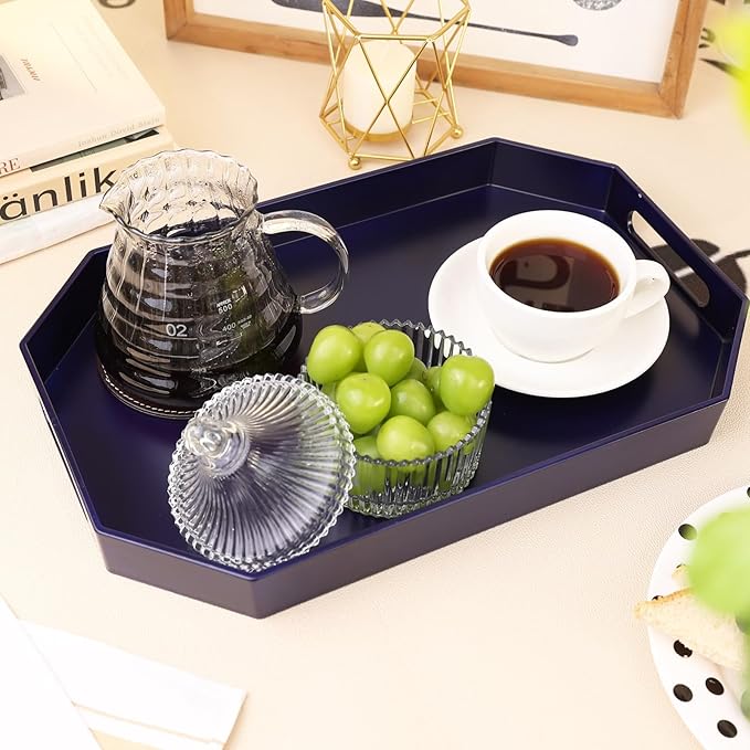 Navy Blue Octagonal Serving Tray with Handles for Coffee Table, Plastic Decorative Tray for Ottoman, Kitchen Counter, Living Room, Outdoor Lacquer Tray for Entertaining