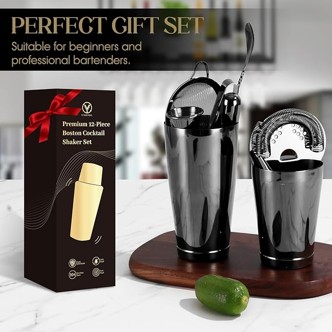 YXT & BEYOND Black Cocktail Shaker Set - 12-Piece Stainless Steel 30oz+20oz Bartender Kit Bar Tools Set: Boston Shaker, Jigger, Mixer Spoon, Muddler, Martini Barware Mixing Tools | Housewarming Gift