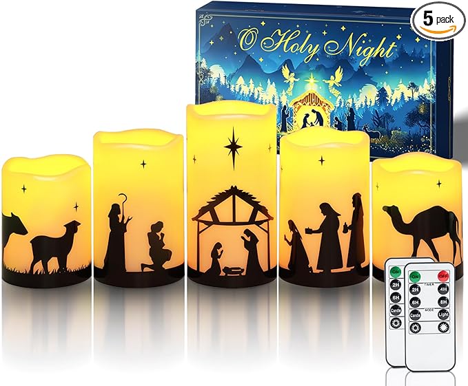 Homemory Flameless Christmas Nativity Scene Candles, Battery Operated LED Pillar Religion Candles, Nativity Sets Indoor Outdoor Decor for Xmas Holiday Home Decor, Remote Timer, Christmas Decor, 5 Pack