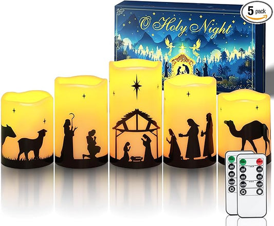 Homemory Flameless Christmas Nativity Scene Candles, Battery Operated LED Pillar Religion Candles, Nativity Sets Indoor Outdoor Decor for Xmas Holiday Home Decor, Remote Timer, Christmas Decor, 5 Pack