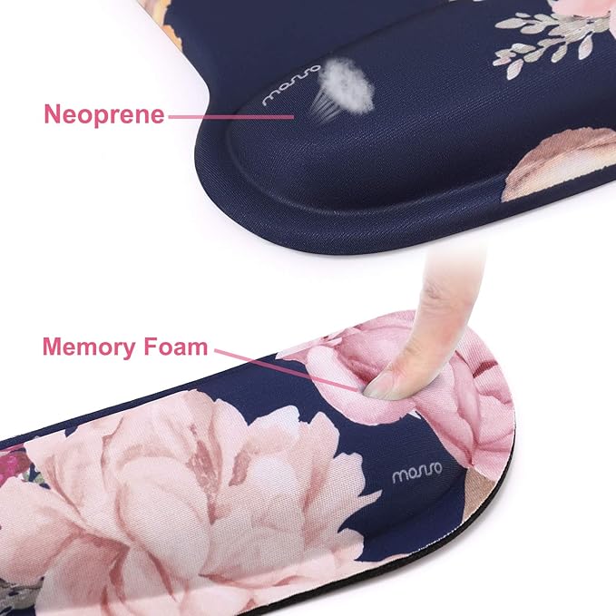 MOSISO Wrist Rest Support for Mouse Pad & Keyboard Set, Peony Ergonomic Mousepad Non-Slip Base Home/Office Pain Relief & Easy Typing Cushion with Neoprene Cloth & Raised Memory Foam, Blue
