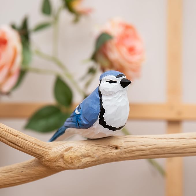Handmade Wooden Blue Jay Bird Figurine – Backyard Blue Jay Home Decor, Cute Jay Knick-Knack for Bird Lovers, Unique Gift for Women, Mom, Friends – Rustic Nature Home Ornament