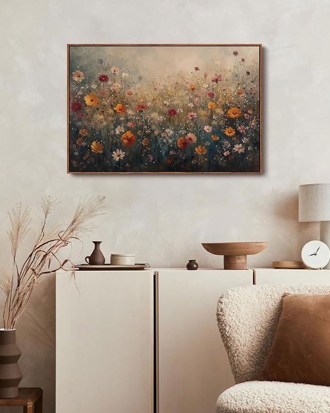 KISSFOX Vintage Framed Wall Art Farmhouse Dreamy Wildflower Field Canvas Art Colorful Daisy Floral Paintings Artwork Natural Rustic Art Prints For Bedroom Bathroom Living Room