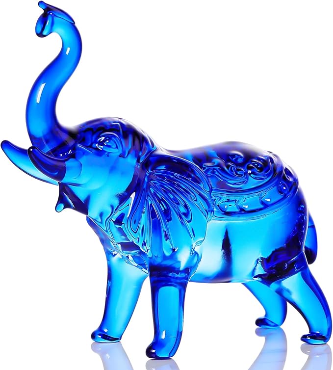 YWHL Blue Crystal Elephant Figurine Gifts for Women & Men, Glass Elephant Statue for Home & Office Decor, Handmade Art Animals Collectible