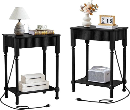 23.6” Large End Table with Charging Station, Set of 2, Modern Farmhouse Side Table Sofa Tables with Fluted Drawer, Wooden Bedside Table Night Stand for Bedroom Living Room Home Office, Black