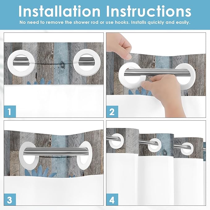 No Hook Rustic Farmhouse Shower Curtain with Snap in Fabric Liner Set, Blue Daisy Flowers and Butterfly on Wooden Double Layers Waterproof with See Through Top Bath Curtain 71x86 Inch