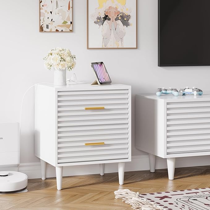 Alohappy Night Stand with Charging Station Set of 2, Bedside Table with 2 Drawers, Mid Century Modern End Table, Bed Side Table with USB Ports and Outlets, Nightstand for Bedroom, White 2pcs