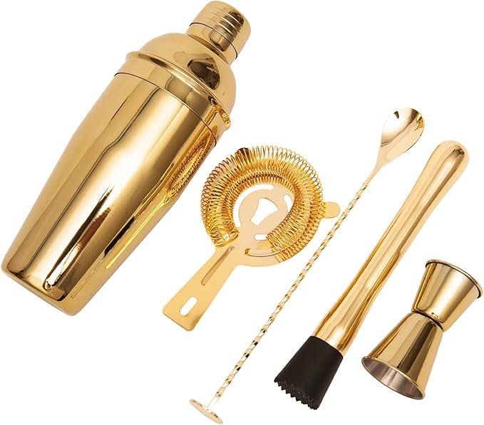 Cocktail Shaker Set Bartender Kit,5 Piece Bar Set Stainless Steel Bar Tools Set for Professional Bartender and Home (Gold, 5-Piece)