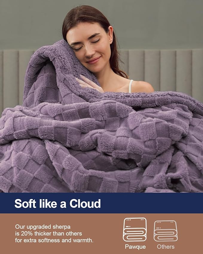 Pawque Super Soft Cozy Throw Blanket Queen Size for Couch Bed, Fluffy Sherpa Fleece Reversible Thick Warm Fuzzy Blanket for All-Season, 3D Checkered Jacquard Decorative Blankets, Purple, 90"x90"
