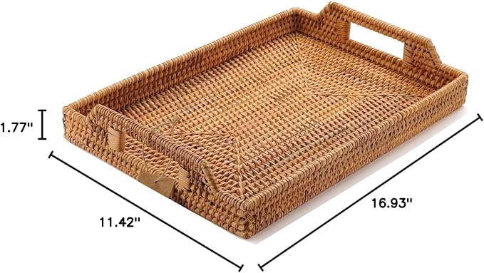 Hand-Woven Rattan Serving Tray with Handles for Breakfast, Drinks, Snack for Dining/Coffee Table (17 inch (43 cm), Rectangular)