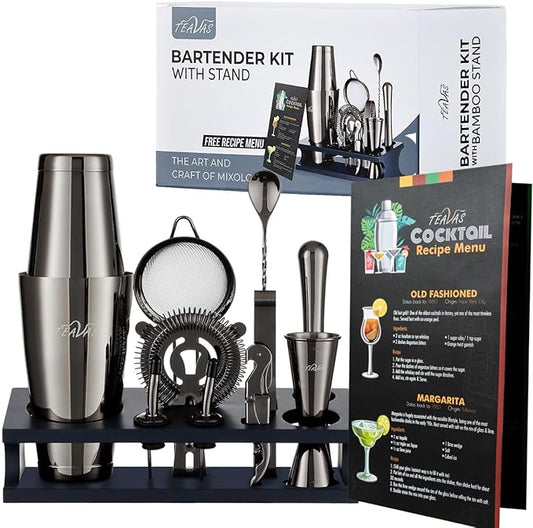Mixology Black Bartender Kit with Japanese Jigger & Stand - 13 Piece Stainless Steel Cocktail Making Set - Boston Shaker, Strainer, Mixer Spoon, Muddler - Barware Anniversary & Birthday Gifts