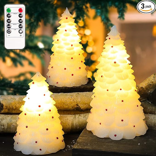 White Christmas Trees Figurine with Light Battery Operated with Remote Lighted Christmas Tree Tabletop Decor Real Wax White Small Xmas Tree with Red Berry Christmas Decoration for Home Party Gifts