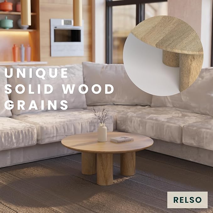Relso Gaia Round Coffee Table, Natural Mango Wood Coffee Table with Wood Grain and Sturdy Finish | Perfect for Living Room and Farm House - Sturdy, Durable, Ideal for Patio Decor (Natural, 14 inch)