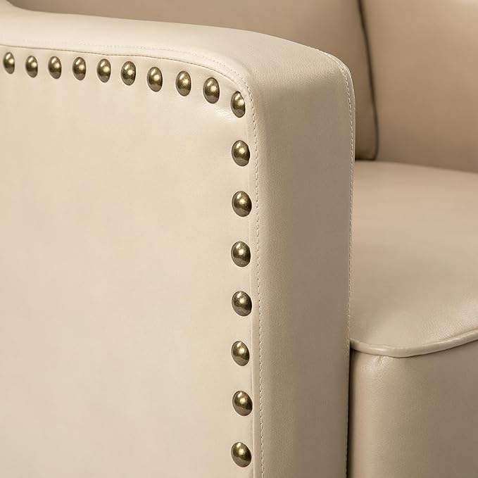 HULALA HOME Faux Leather Accent Armchair with Back & Seat Cushions, Traditional Club Chair with Nailhead Trim, Comfy Upholstered Sofa Chair for Living Room Bedroom, Beige