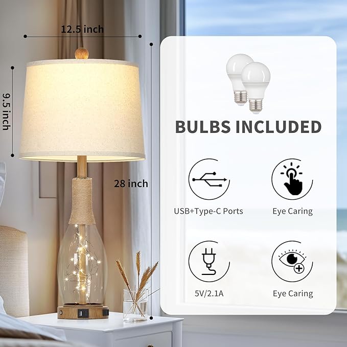 28" Boho Glass Table Lamps Set of 2, Touch Control Bedside Lamps with 2 USB Ports and Outlet, Rattan Lamp with Night Light for Nightstand Living Room Bedroom, 2 LED Bulbs Included, Wood