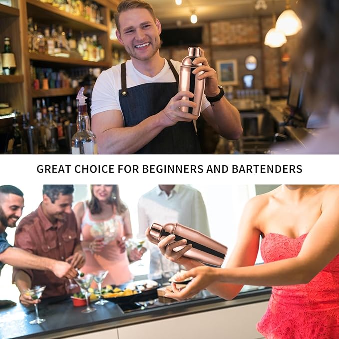 24oz Cocktail Shaker Bar Set, Martini Shaker with Built-In Strainer, Measuring Jigger, Mixing Spoon, Professional Stainless Steel Large Bartender Drink Shaker Margarita alcohol Mixer-Rose Gold