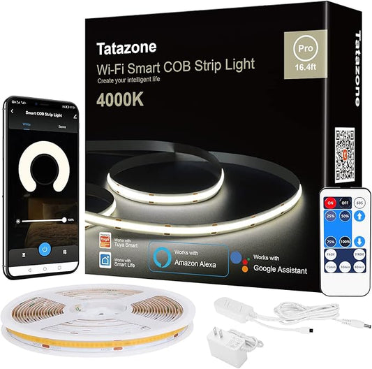 Smart White COB Led Strip Light with App and Remote, 16.4ft 4000K WiFi Bright COB Light Strip Compatible with Alexa Google, Dimmable Indoor COB Led Lights for Mirror, Room, Cabinet, Kitchen