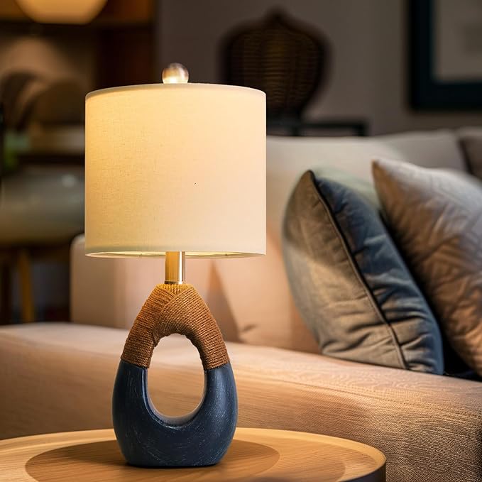 OYEARS 19" Table Lamp for Living Room,Boho Lamp for Bedroom, Bedside for Nightstands, Suitable for Small Space,Coastal Farmhouse, End Table, Rattan Nautical Beach Style, Blue,1 Pack