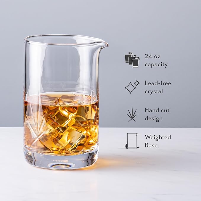Cork & Mill Cocktail Mixing Glass - Large 24 oz Crystal Cocktail Mixer for Old Fashioneds, Manhattans and Other Stirred Whiskey Drinks - Essential Bar Accessories for Bartenders and Home Mixologists