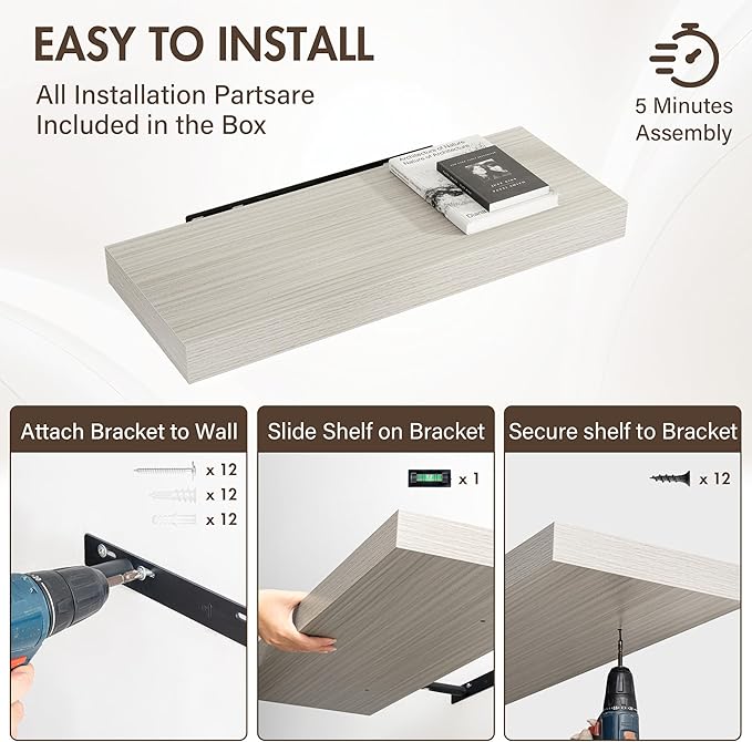 30 Inch Floating Shelves, 12" Deep Floating Shelf Wall Mounted, 30" Wall Shelves, Rustic Deep Bookshelf, Extra Deeper & Thicker Display Shelves for Bedroom, Living Room, Gray, Set of 2