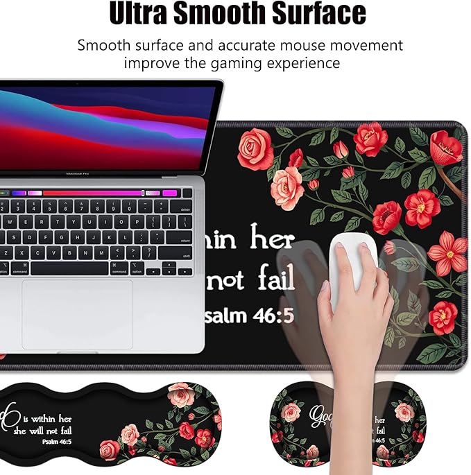 4 in 1 Ergonomic Memory Foam Mouse Pad Wrist Rest Set, Large XXL Gaming Desk Pad + Keyboard Wrist Rest + Mouse Wrist Cushion + Coaster for Home Office Study Gaming, Floral Quote Bible Verse Psalm 46:5