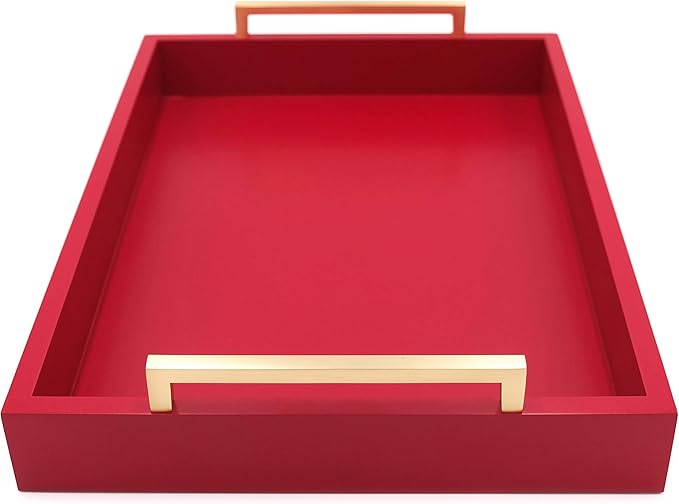 Decorative Coffee Table Tray - Ottoman Tray - Breakfast, Drinks, Liquor Serving Tray - from Farmhouse to Modern - Matte Finish - Champagne Gold Handles - Crimson Red