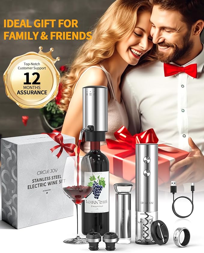 CIRCLE JOY Rechargeable Electric Wine Opener Set 8-in-1 Stainless Steel Automatic Wine Bottle Opener Gift Set w/Electric Wine Aerator Pourer, Foil Cutter, Wine Drip Ring, Vacuum Pump & 2 Wine Stoppers