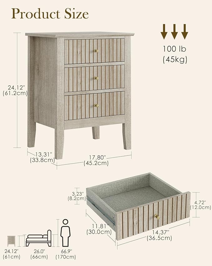 Night Stand, Fluted Nightstand Bedside Tall Farmhouse Nightstand with 3 Drawers, Mid Century Modern Side Accent Table,Bedside End Table for Bedroom, Living Room, Beige