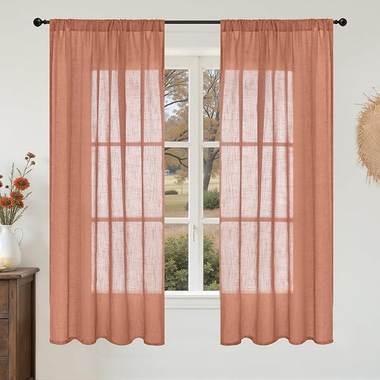 BGment Terracotta Linen Curtains 63 Inches Long for Living Room Windows, Semi Sheer Drapes Rustic Textured for Farmhouse Bedroom Decor with Rod Pocket Lightweight, 2 Panels Set, Each 42 Inch Wide
