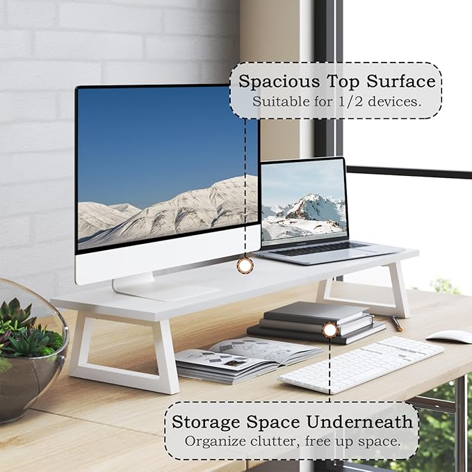 TEAMIX White Dual Monitor Riser - 31.5 inch Wide TV Stand for 2 Monitors - Wood & Steel Desktop Riser for Dual Screen Office Desk Organization