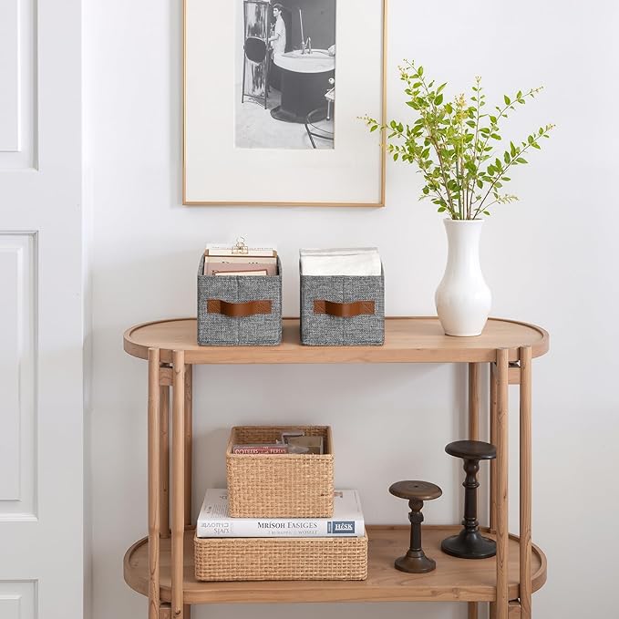 GRANNY SAYS Small Fabric Storage Bins with PU Handles, Storage Baskets for Shelves, Perfume Storage, Narrow Baskets for Organizing DVD, Photos, Aromatherapy, Scarf, Diaper, Cd, 3-Pack, Gray