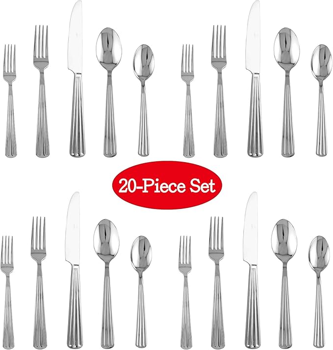 Supreme Housewares 20-Piece 18/8 Stainless Steel Flatware Set, Service for 4, Include Knives Forks Spoons Teaspoons Salad Forks, Mirror Polished, Dishwasher Safe (Strip)