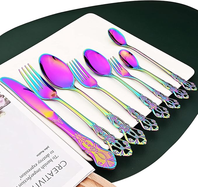 Elegant Rainbow Silverware Set with Steak Knives 30 Piece Flatware Sets for 6 Utensils, 18/10 Stainless Steel Colorful Cutlery Set Include Knifes Forks Spoons, Mirror Polished Dishwasher Safe