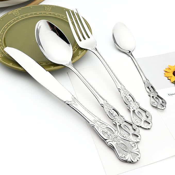 Elegant Silver Silverware Set with Steak Knives 5 Piece Flatware Sets for 1 Tableware Utensils, 18/10 Stainless Steel Cutlery Set Include Knifes Forks Spoons, Mirror Polished Dishwasher Safe