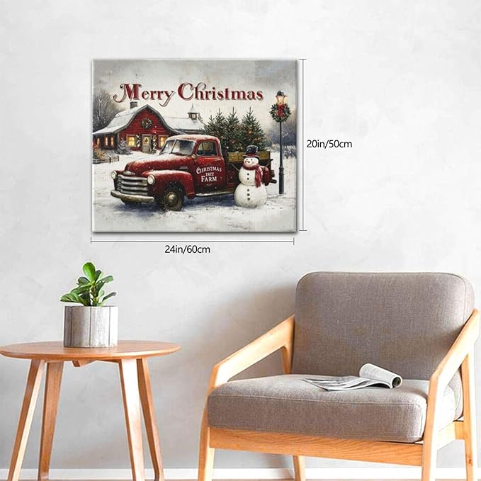 Christmas Pick-Up Truck Wall Art Christmas Tree Canvas Wall Decor Farm Barn Pictures Paintings Prints Snowman Artwork Framed Winter Holidays Decorations For Bathroom Bedroom Living Room Office Gifts 24" x 20"