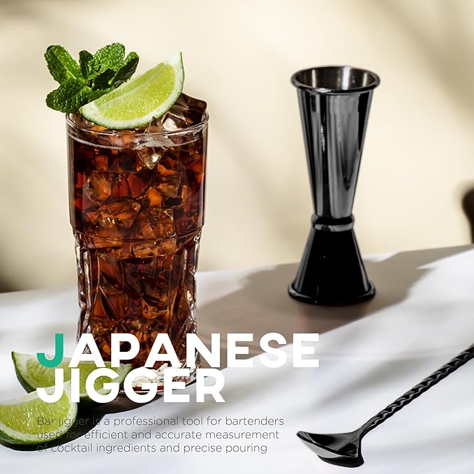 Homestia Japanese Jigger - Cocktail Measuring Double Jiggers for Bartending, Copper Jigger with Measurements Inside - Stainless Steel Bar Tools For Bartenders, 2 oz 1 oz with 1 Pourer (Black)