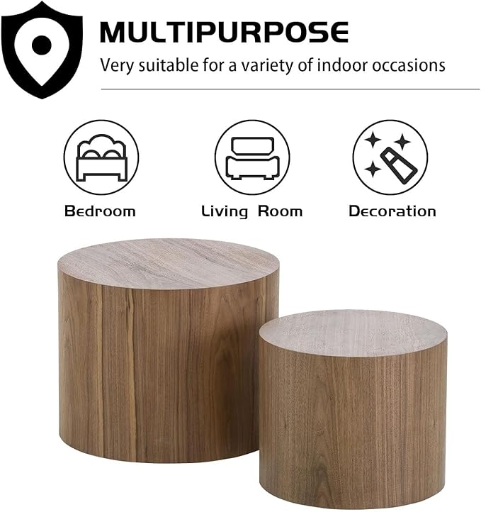 Nesting Coffee Table Set of 2, Wood Round Coffee Table, Modern Coffee Table for Small Space Living Room, Walnut